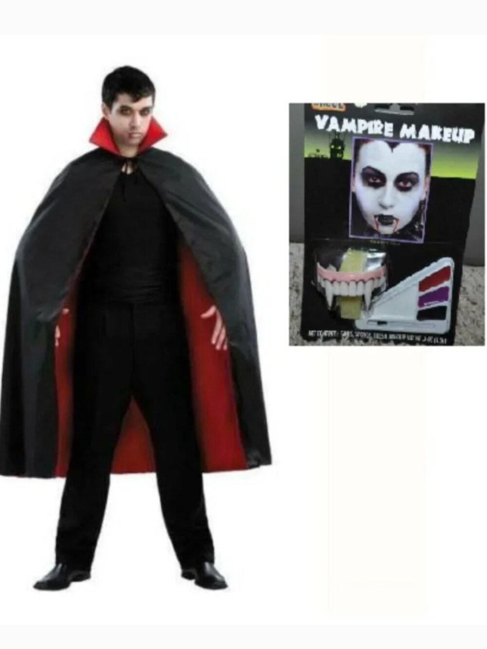 Vampire Dracula Halloween Costume 2 Pc 54" Black Cape, Teeth & Makeup Adult Mens